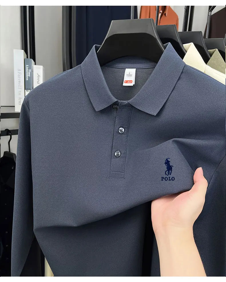 2025 autumn men's long sleeved T-shirt with a solid color polo shirt and a loose casual plus size base shirt