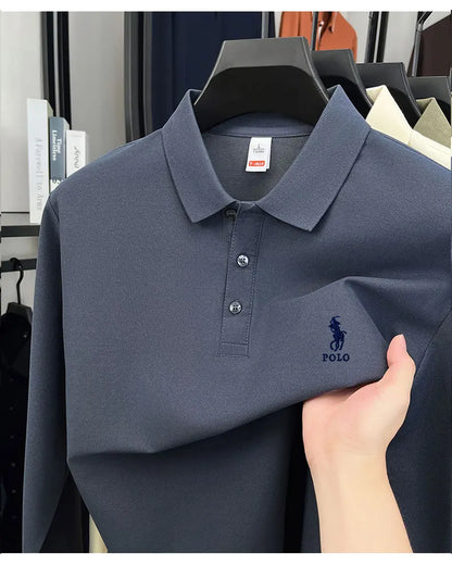 2025 autumn men's long sleeved T-shirt with a solid color polo shirt and a loose casual plus size base shirt