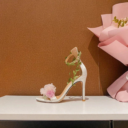 Summer Pink Sweet Chiffon Flower Dream High Heels Lace up Sandals Wedding Banquet Women's Shoes
