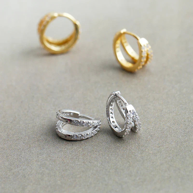 925 Sterling Silver Fashion Luxury Shiny Double Layer Zircon Huggies Hoop Earrings for Women Plated 18k Gold Fine Jewelry