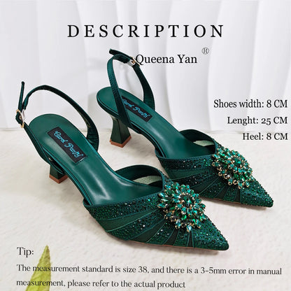 2026 Women's Elegant Green Rhinestone Slingback Heels & Matching Handbag Set COMFORT INCLUDED Stylish Pointed Toe Design Shoes