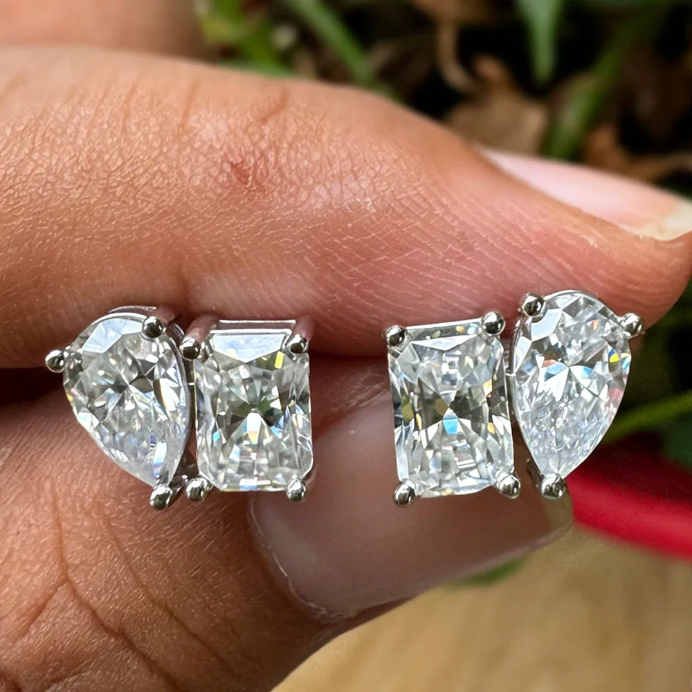Double Mossanite Stud Earrings for Women Radiant/Pear Cut D Color VVS1 Lab Diamond Ear Studs with Certificate S925 Fine Jewelry