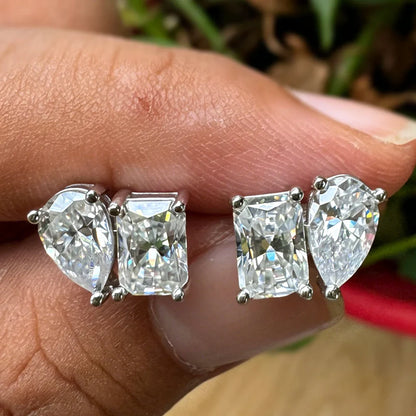 Double Mossanite Stud Earrings for Women Radiant/Pear Cut D Color VVS1 Lab Diamond Ear Studs with Certificate S925 Fine Jewelry