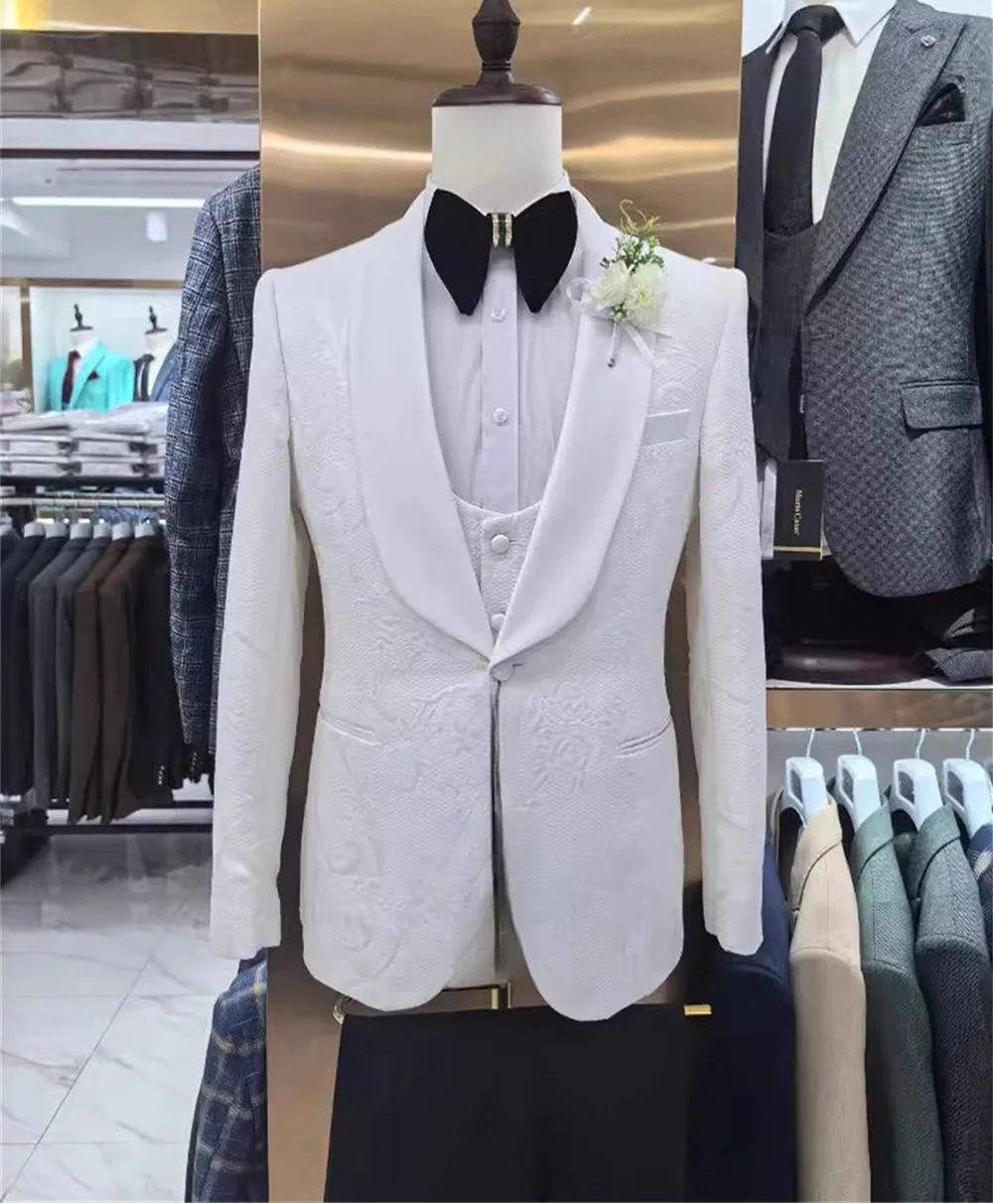 Handsome Men's Wedding Suit Set Men's Suit Set For Formal Banquet Fashion Jacquard Suit Jacket High Quality 3PCS For Red Carpet