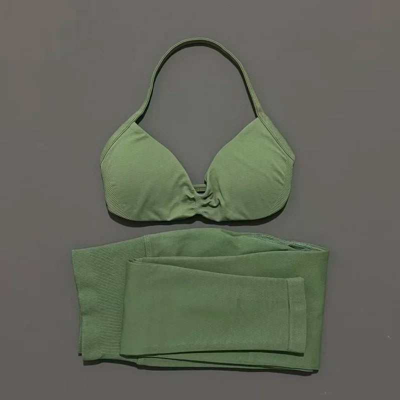 2 Piece Sports Set Women Yoga Backless Halter Bra High Waist Scrunch Seamless Pants Sport Suit Gym Sportswear Workout Set