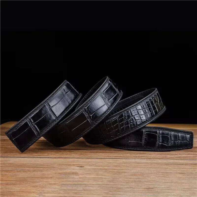 3.8 wide punched men's cowhide leather belt, high-end fashion trend crocodile pattern genuine leather belt without buckle durabl