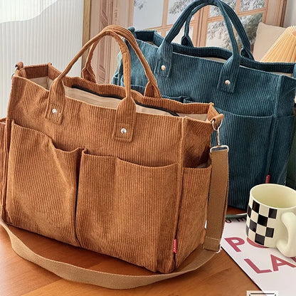 Corduroy Crossbody Tote Bag Stylish Commuter Shoulder Bag with Multiple Spacious Pockets Handbag For Women