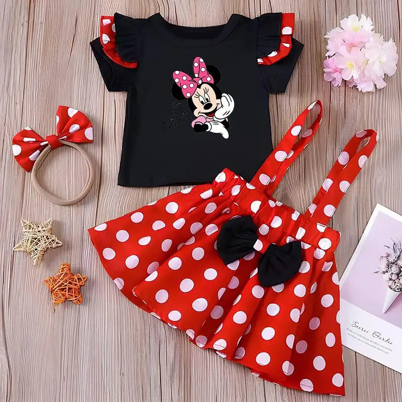 Minnie Mouse Girl Set Children Dress Baby Clothing Set Summer Birthday Costume Polka Dot Suspender Skirt Bow Headband skirt suit