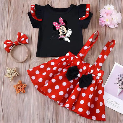 Minnie Mouse Girl Set Children Dress Baby Clothing Set Summer Birthday Costume Polka Dot Suspender Skirt Bow Headband skirt suit