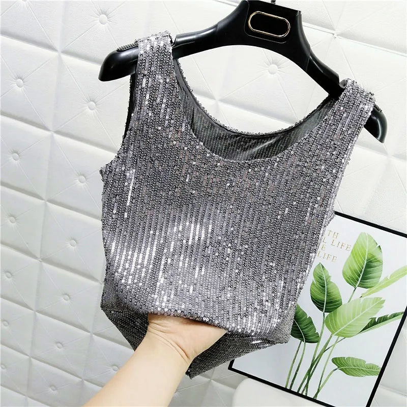 Sparkling Sequins Round Neck Vest Women's Outer Wear 2022 Summer New Bright Silk Fashion Glitter Bottoming Shirt Suspender Top