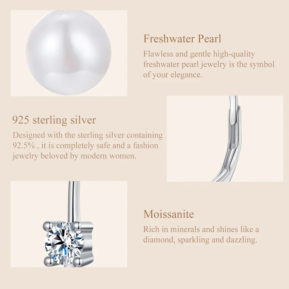 Moissanite Freshwater Pearl Earrings for Women Wedding, Round Cut Lab Diamond 925 Sterling Silver Drop Dangle Ear Buckles