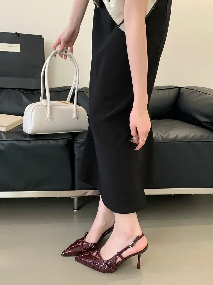 Sexy Street Style Buckle Strap Women Pumps Elegant Pointed Toe Thin Low Heels Slingback Banquet Party Shoes