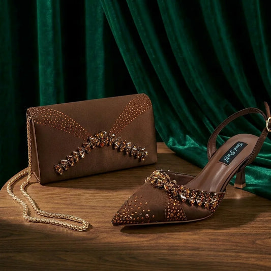 2026 Italian Inspired Coffee Pointed Toe High Heels Matching Handbag Set  COMFORT INCLUDED Elegant Wedding Party Shoes for Women