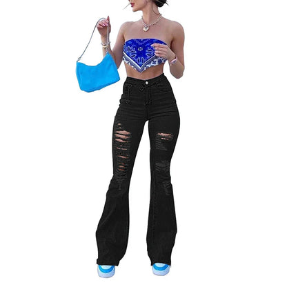 Calça Jeans Feminina Boca de Sino Preta Cintura Alta Rasgada
