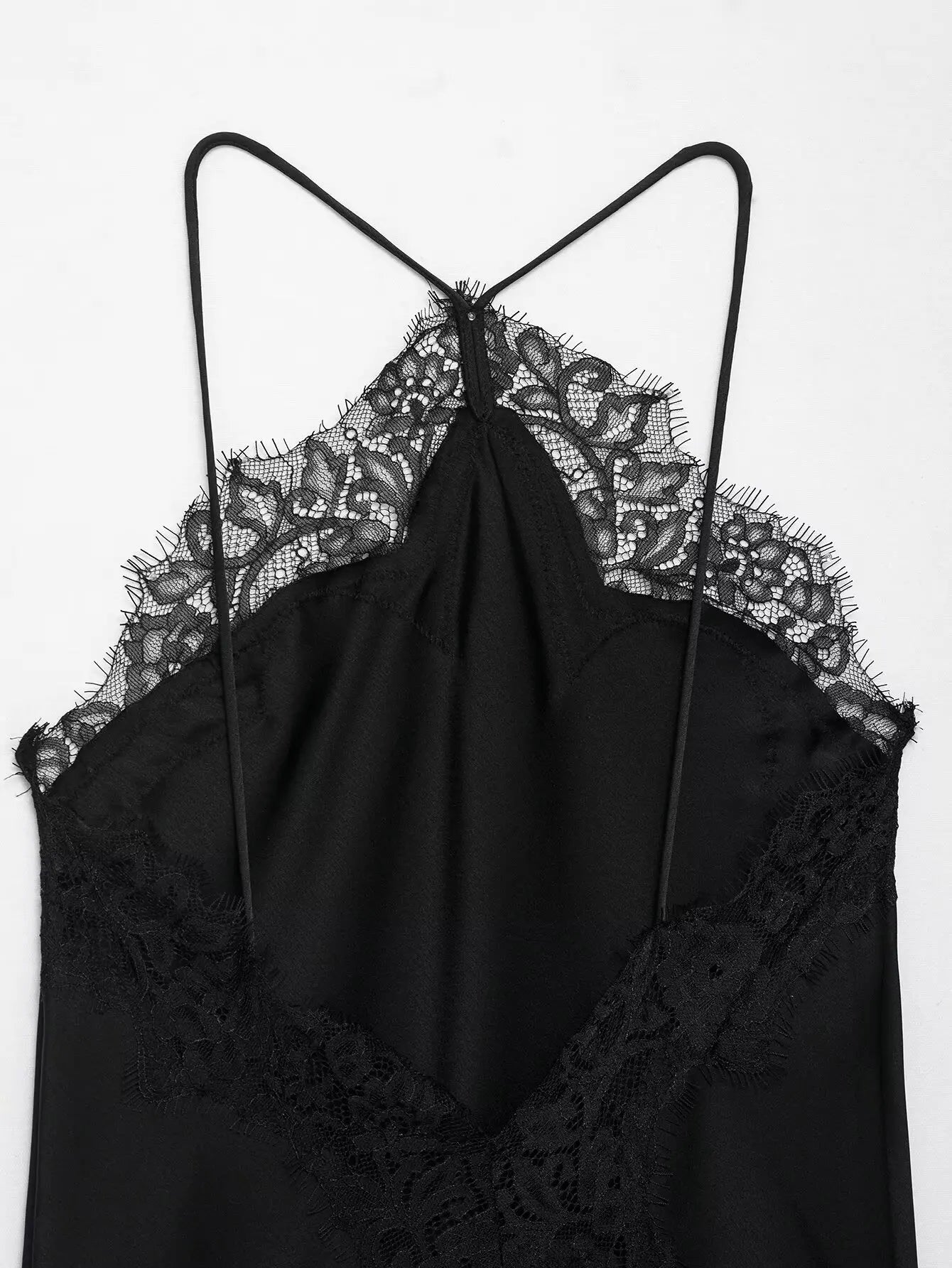 Summer New Product Women's Lace Decorative Satin Texture Strap Sexy Dress with Hanging Neck and Asymmetric Bottom