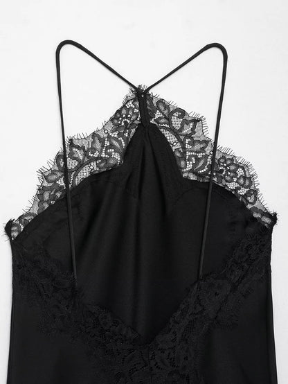 Summer New Product Women's Lace Decorative Satin Texture Strap Sexy Dress with Hanging Neck and Asymmetric Bottom
