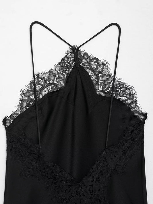 Summer New Product Women's Lace Decorative Satin Texture Strap Sexy Dress with Hanging Neck and Asymmetric Bottom