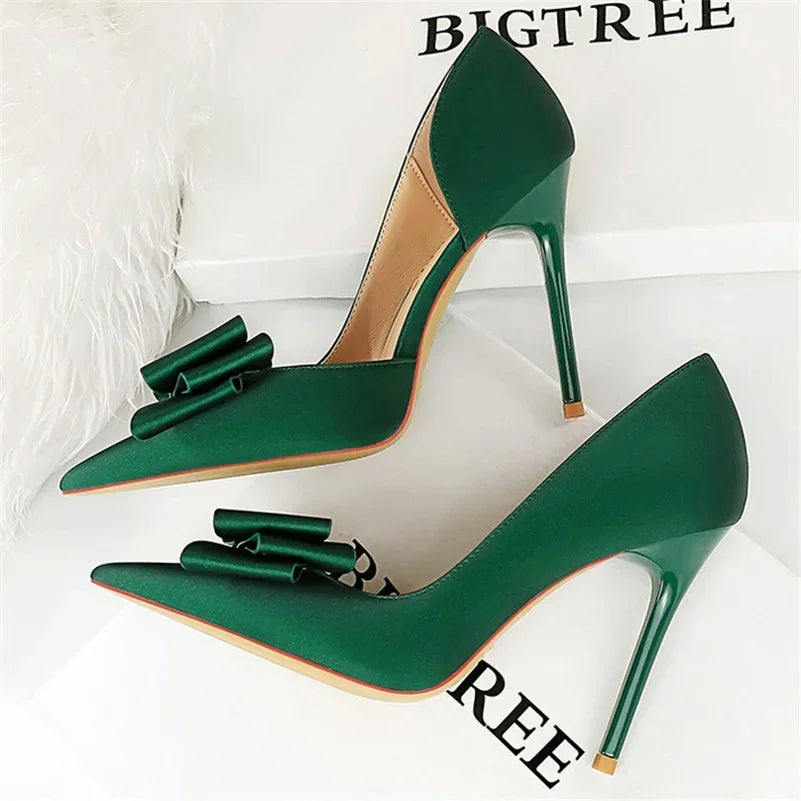2024 Women 10.5cm High Heels Sweet Korean Side Hollow Pumps Lady Party Purple Green Kawaii Bowknot Heels Prom Silk Satin Shoes