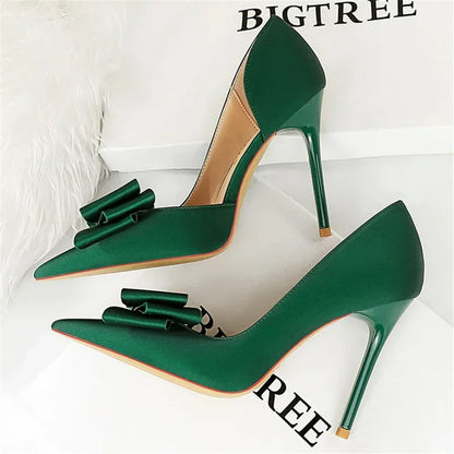 2024 Women 10.5cm High Heels Sweet Korean Side Hollow Pumps Lady Party Purple Green Kawaii Bowknot Heels Prom Silk Satin Shoes