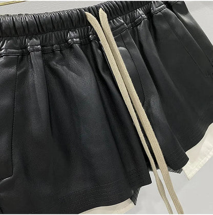 Women's Fashion Basic PU Leather Four Corner Pockets Comfortable Shorts New Versatile Black Short Pants