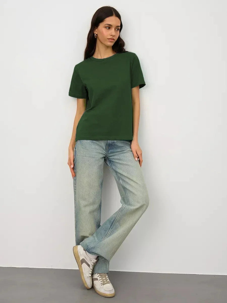 Summer 100% Cotton Women's T-shirt Bottoming Basic Fashionable Lady Short Sleeve Loose Tops Shirts Solid 230g/㎡ Tops