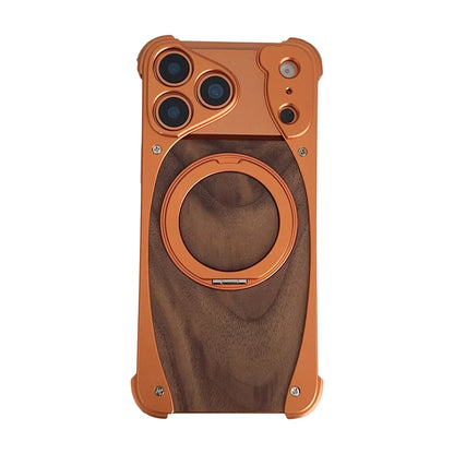 Walnut Wood Metal Aluminum Phone Case For iPhone 17 Pro 17 Pro Max Magnetic Bracket Shockproof Drop-proof Protection Cover