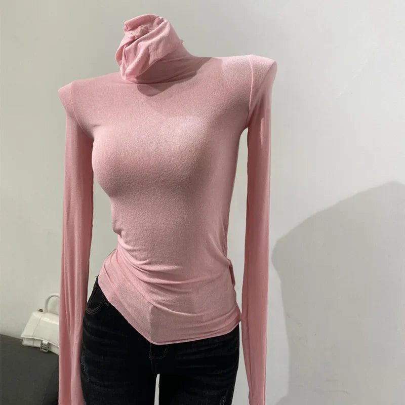 Slim High Quality Plain T Shirt Women Cotton Elastic Basic Female Tops Long Sleeve Sexy Thin T-shirt See Through