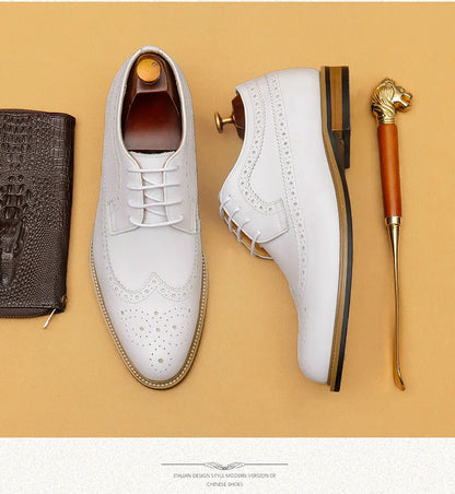 Luxury Men's Dress Shoes Genuine Leather Brogue Wingtip Toe Oxford White Lace-Up Business Wedding Formal Men Shoes