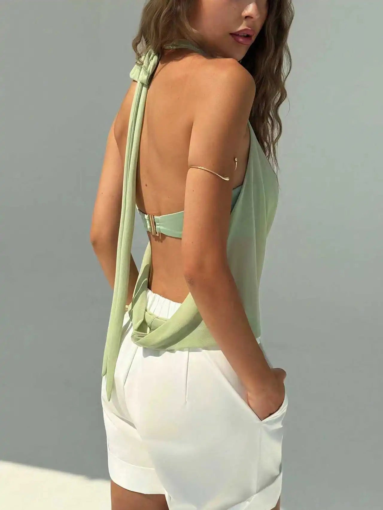 Women's Summer Vacation Sexy Semi-transparent Drop-Neck Metallic Decorated Backless Vest, Off-Shoulder Top