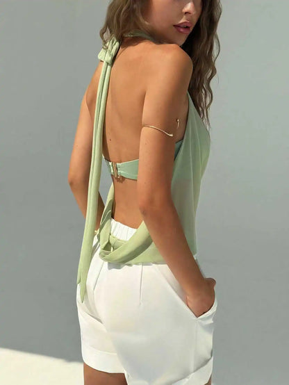 Women's Summer Vacation Sexy Semi-transparent Drop-Neck Metallic Decorated Backless Vest, Off-Shoulder Top