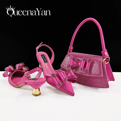Italian Design High Quality Elegant Butter-fly Design Decoration Peach Color Party Wedding Women Shoes and Bag