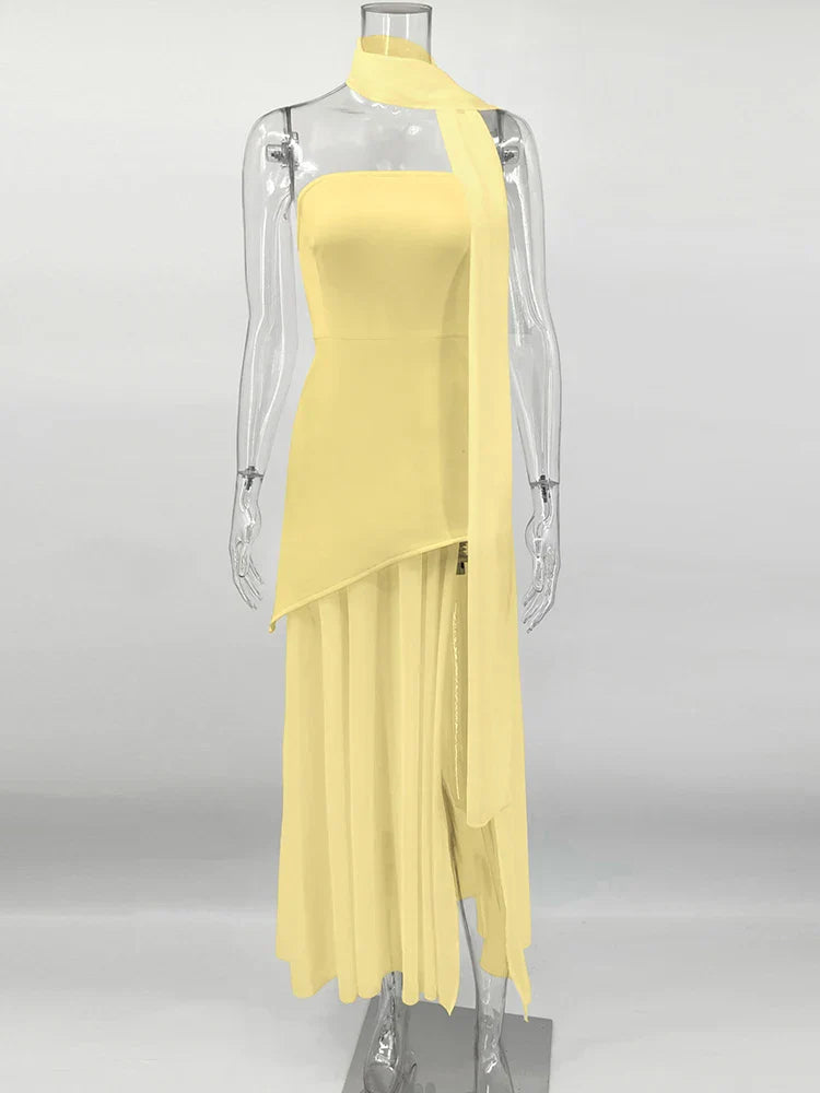 Fashion Strapless Dress With Ribbon Female Elegant Sleeveless Mesh Beach Vacation Long Dress 2025 Spring New Women Dress