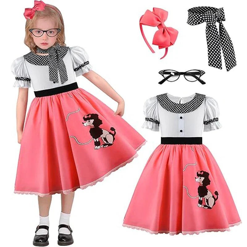 Girls Party Dresses Summer Dress Poodle Print Polka Dot Vintage Dress With Scarf Outfit Girls Casual Summer Dresses Birthday