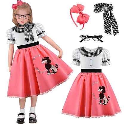 Girls Party Dresses Summer Dress Poodle Print Polka Dot Vintage Dress With Scarf Outfit Girls Casual Summer Dresses Birthday