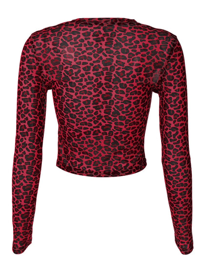 Sexy Long Sleeves Tops Mesh T Shirt Leopard Printed Bodycon Women Clothes Lady Party Club Streetwear Casual Nightout Y2K