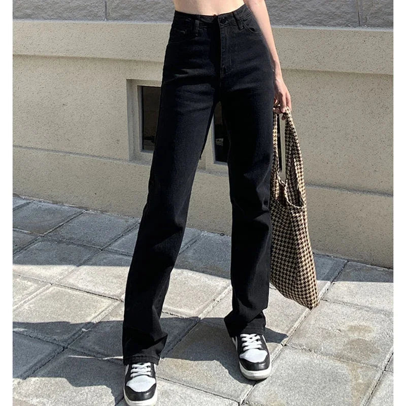 Calça Jeans Feminina Coreana de Cintura Alta Reta Streetwear