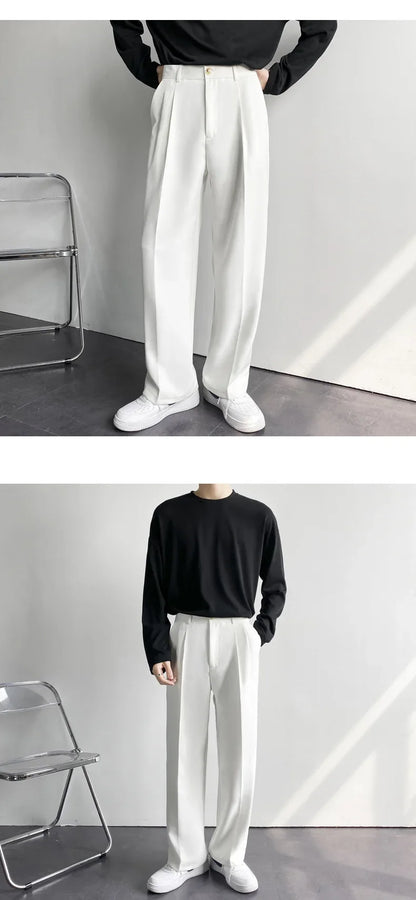 2025 New Men Straight Pants Fashion Korean Loose Suit Trousers Casual Draped Baggy White Wide Pant Male Streetwear