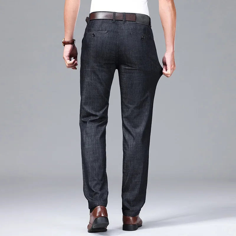 Modal Fabric Spring Summer Men's Black Thin Straight Jeans Classic Style Business Fashion Stretch Loose Jeans Male Brand