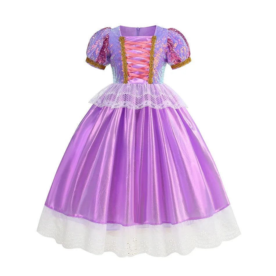 Short Sleeve Purple Puffy Dress + Accessories Girls Cosplay Rapunzel Summer Casual Dress Birthday Party Gift