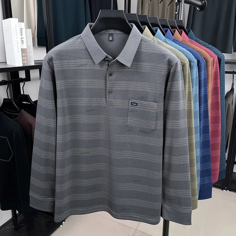 2025 long sleeved men's spring and autumn collar striped pullover top with loose pockets polo shirt