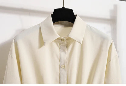 2026 Women's Plus Size Blouse Korean Style Spring Autumn Loose Elegant Casual Mid-length Tops Long Sleeved Waist Cinching Shirts