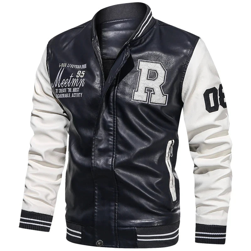 Spring and Autumn Men's Motorcycle Suit Leather jacket Color blocking American baseball collar pilot casual PU leather jacket