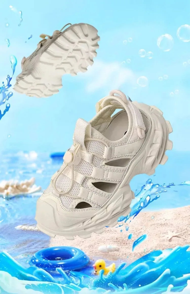 2026 New Boys' White Sports Sandals Summer Closed Toe Beach Shoes with Hollow Out Design for Children