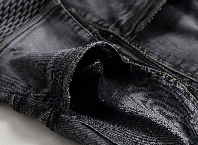Calça Jeans Masculina Nova Casual Moto Hip Hop Rua Equitação Elástica Slim Reta Patchwork Moda Calças Jeans Masculinas