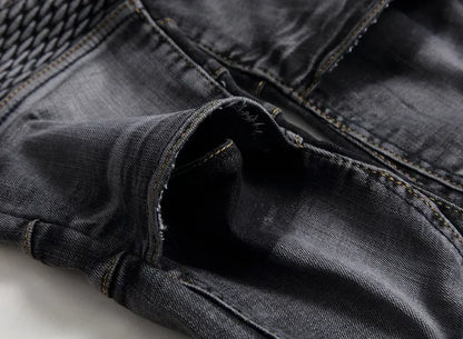 Calça Jeans Masculina Nova Casual Moto Hip Hop Rua Equitação Elástica Slim Reta Patchwork Moda Calças Jeans Masculinas