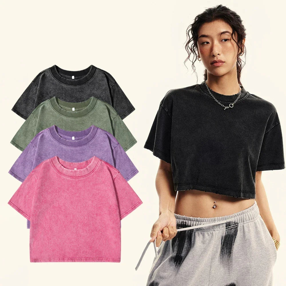 Solid Slim Washed T-Shirt Female Fashion Soft Cotton Streetwear Casual Sport Short Sleeve Cool Retro Crop Clothing For Women