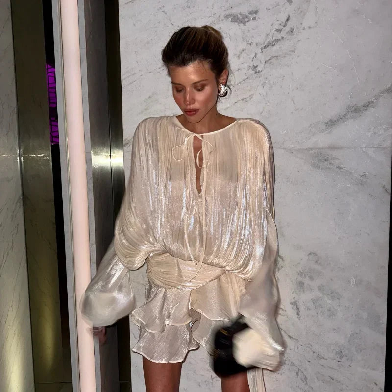 Stunning Shiny Ruffles Lace Up Mini Dress Women's Chic Loose Hollow Out A-line Pleated Vestidos Lady Summer Party Gowns 2025 New
