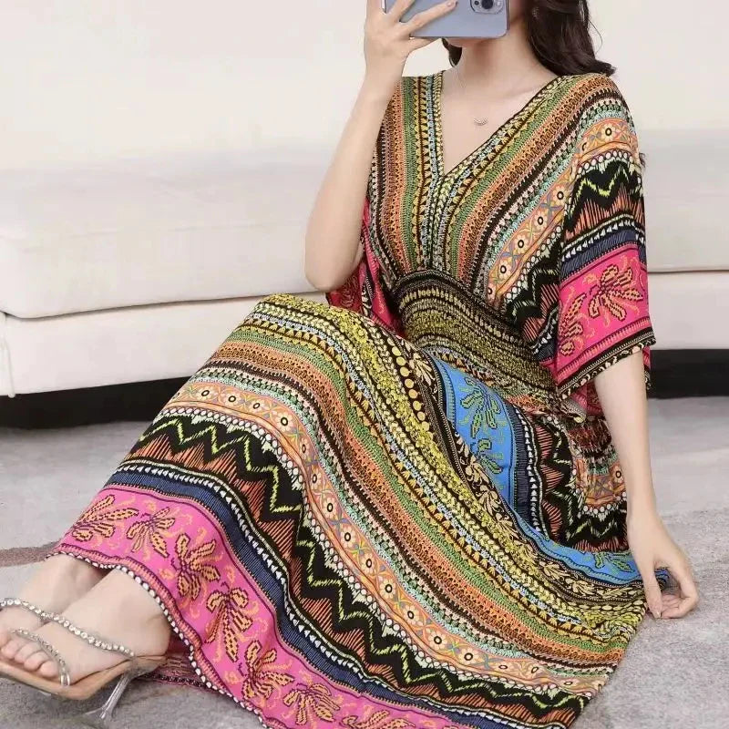 Flower V-neck Elastic Youthful Bohemian Sweet Midi Dress Woman Clothes Chic Fashion Summer Dresses 2025 Large Swing Ski