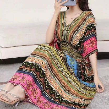 Flower V-neck Elastic Youthful Bohemian Sweet Midi Dress Woman Clothes Chic Fashion Summer Dresses 2025 Large Swing Ski