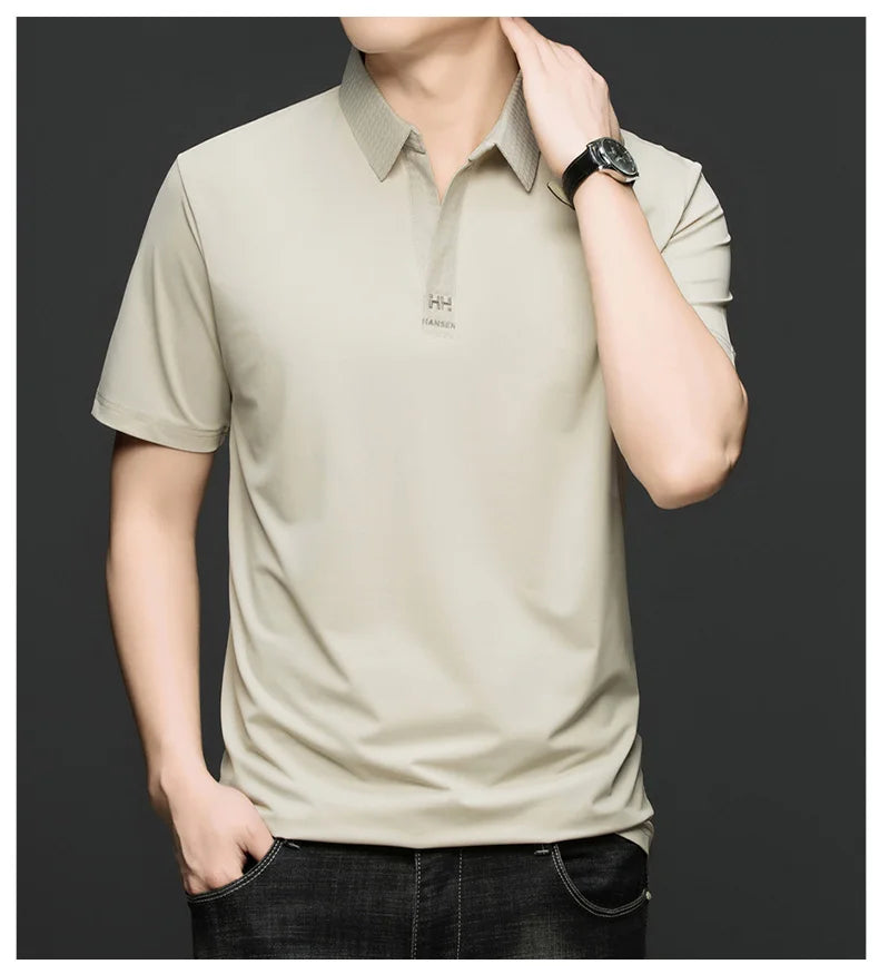 Fashion V-neck short sleeve T-shirt men's summer solid color silky smooth breathable personalized jacquard buttonless polo shirt
